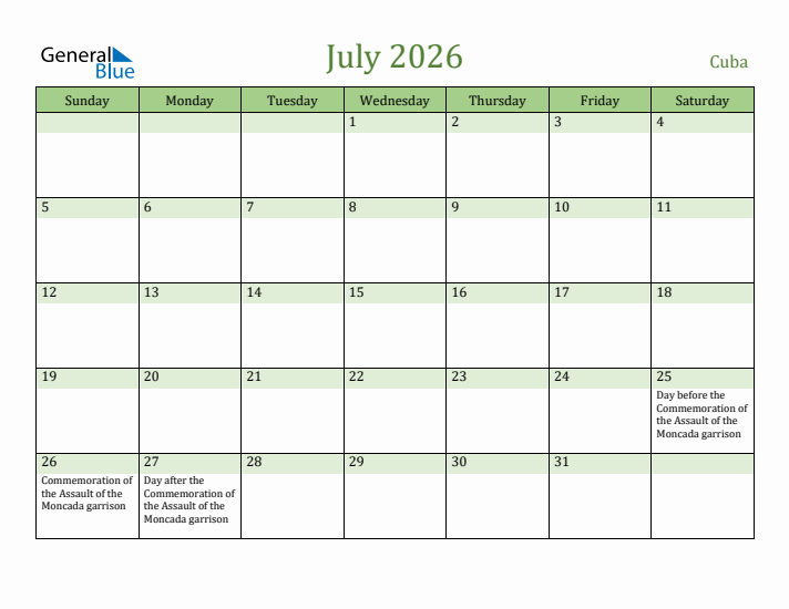 July 2026 Calendar with Cuba Holidays