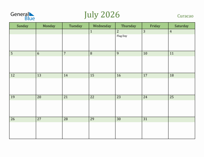 July 2026 Calendar with Curacao Holidays