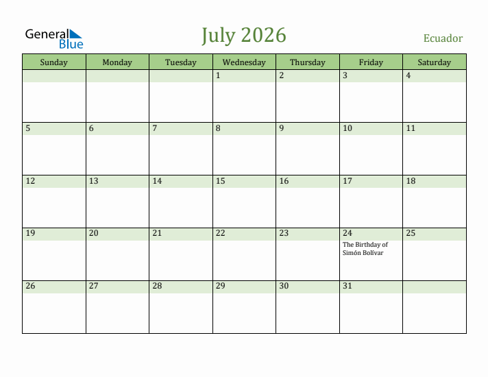 July 2026 Calendar with Ecuador Holidays