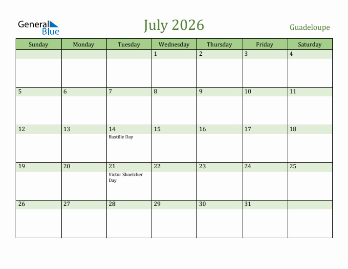 July 2026 Calendar with Guadeloupe Holidays
