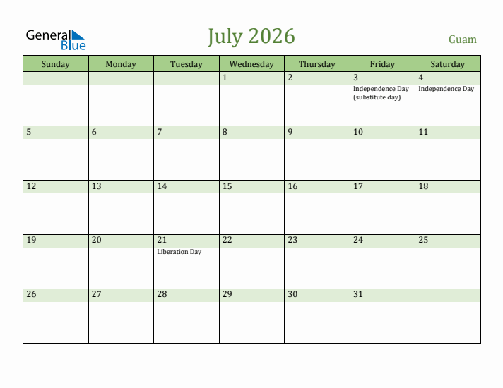 July 2026 Calendar with Guam Holidays