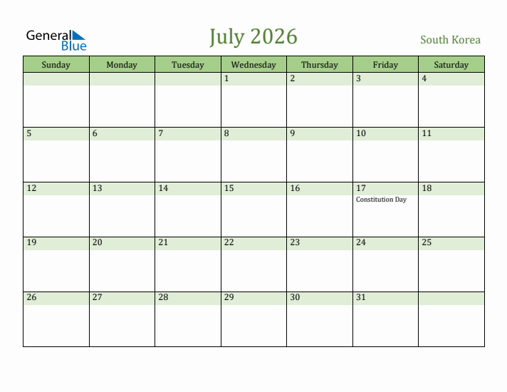 July 2026 Calendar with South Korea Holidays