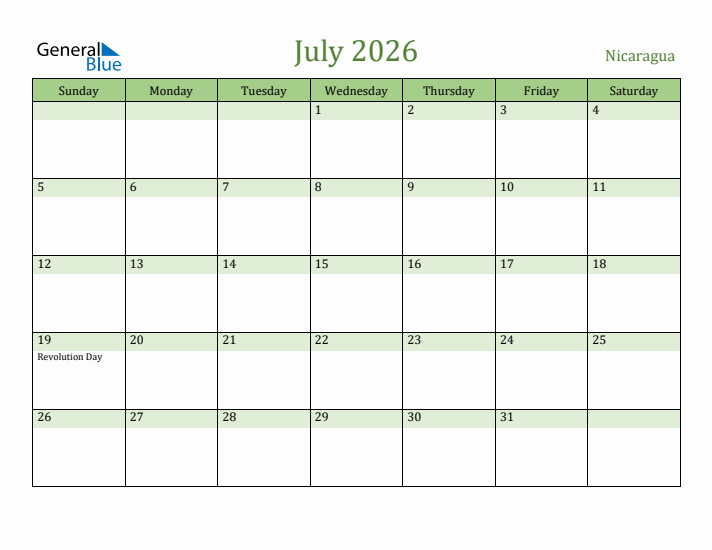July 2026 Calendar with Nicaragua Holidays