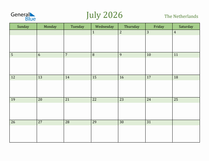 July 2026 Calendar with The Netherlands Holidays