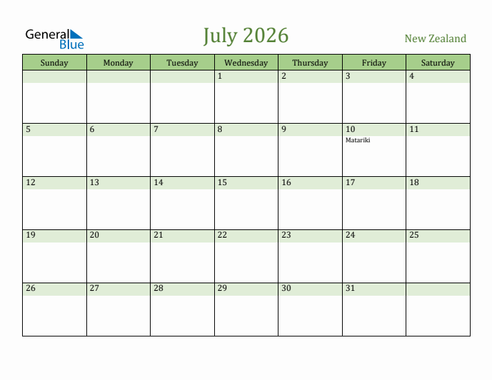 July 2026 Calendar with New Zealand Holidays