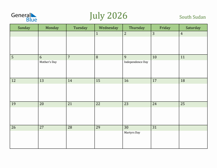 July 2026 Calendar with South Sudan Holidays