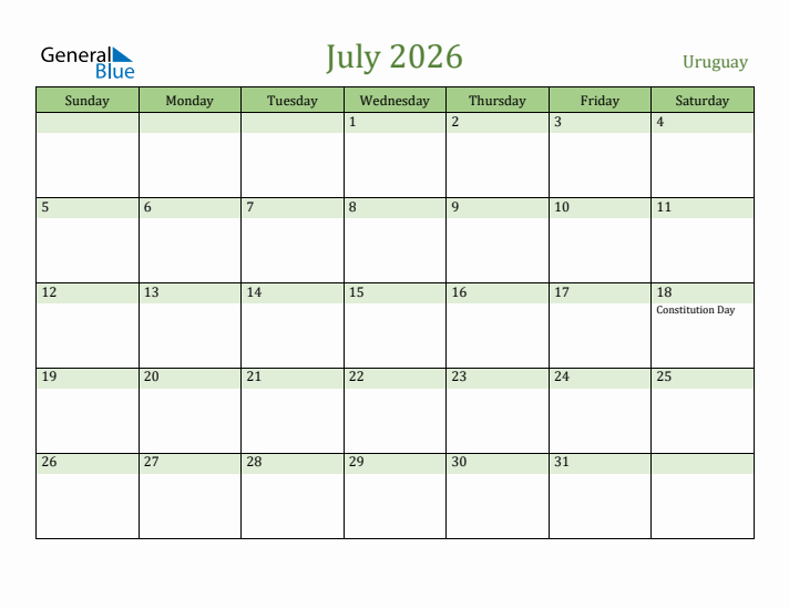 July 2026 Calendar with Uruguay Holidays