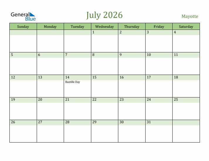 July 2026 Calendar with Mayotte Holidays