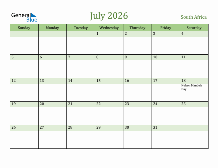 July 2026 Calendar with South Africa Holidays