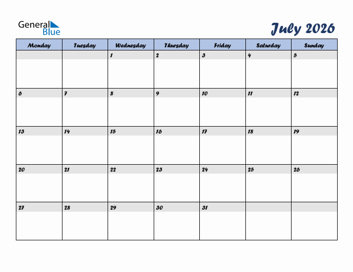 July 2026 Blue Calendar (Monday Start)