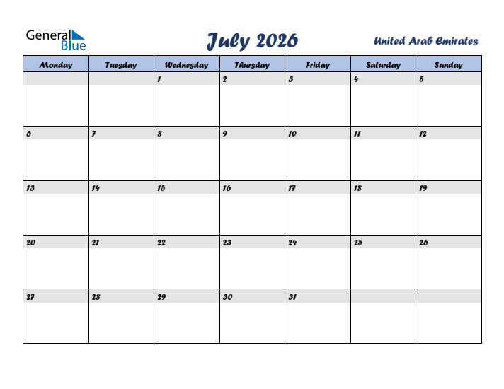 July 2026 Calendar with Holidays in United Arab Emirates