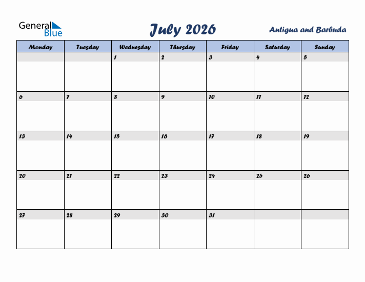 July 2026 Calendar with Holidays in Antigua and Barbuda
