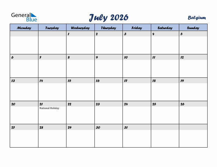 July 2026 Calendar with Holidays in Belgium