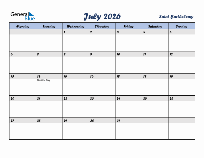 July 2026 Calendar with Holidays in Saint Barthelemy