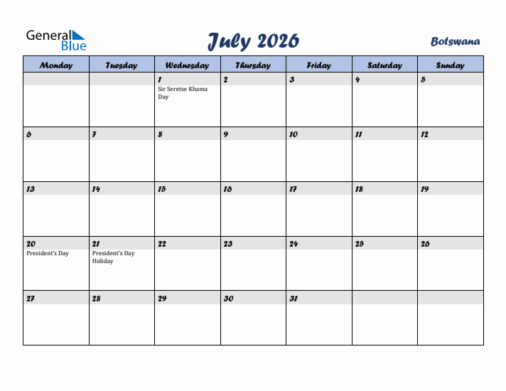 July 2026 Calendar with Holidays in Botswana