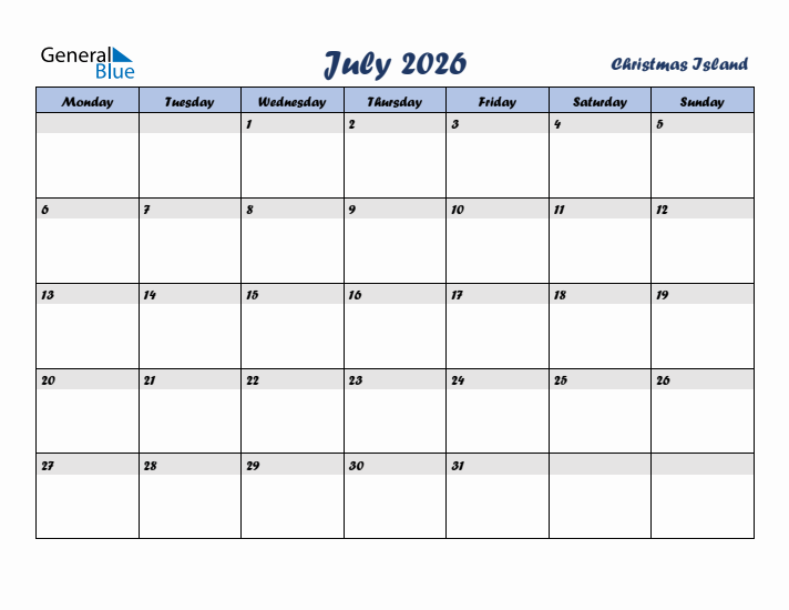 July 2026 Calendar with Holidays in Christmas Island