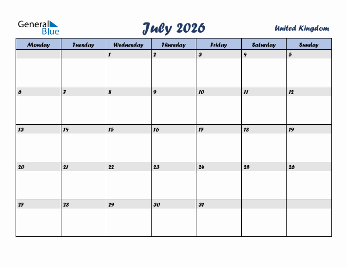 July 2026 Calendar with Holidays in United Kingdom