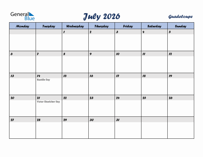 July 2026 Calendar with Holidays in Guadeloupe