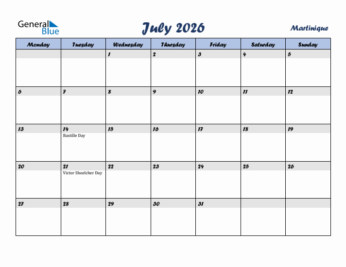 July 2026 Calendar with Holidays in Martinique