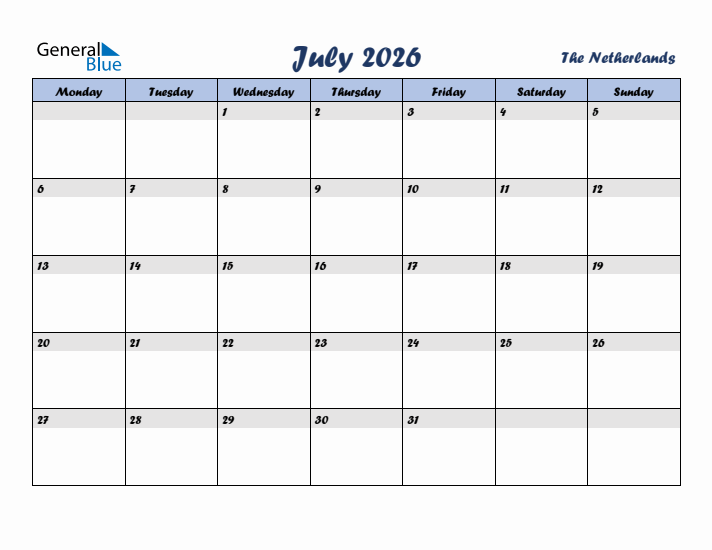 July 2026 Calendar with Holidays in The Netherlands