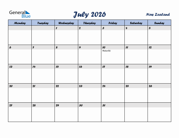 July 2026 Calendar with Holidays in New Zealand