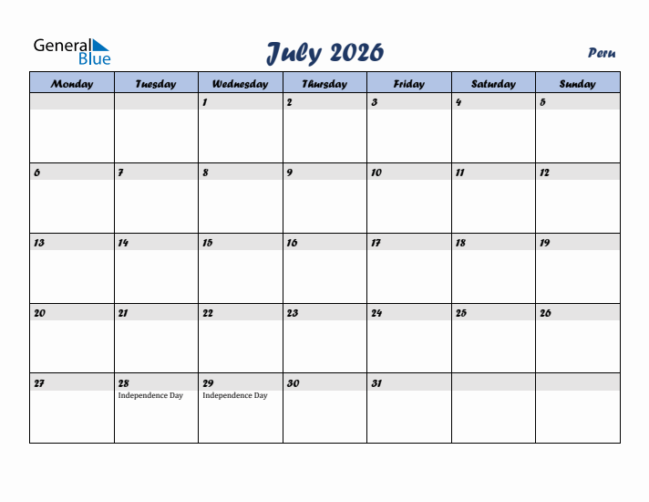 July 2026 Calendar with Holidays in Peru