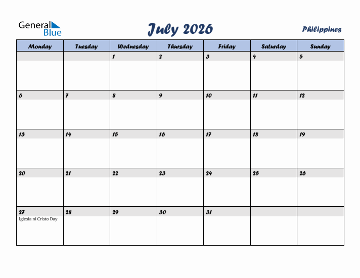 July 2026 Calendar with Holidays in Philippines
