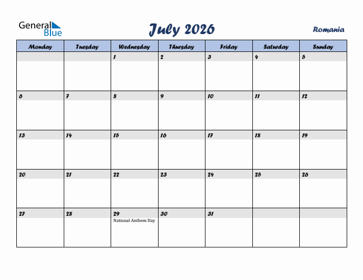 July 2026 Calendar with Holidays in Romania