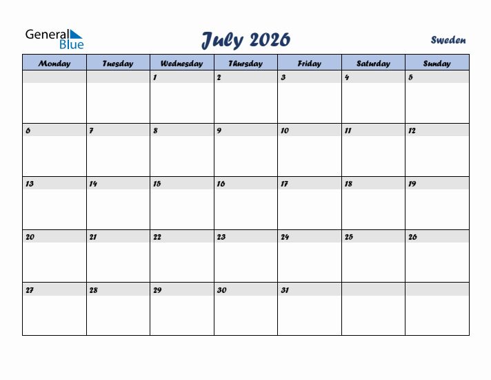 July 2026 Calendar with Holidays in Sweden