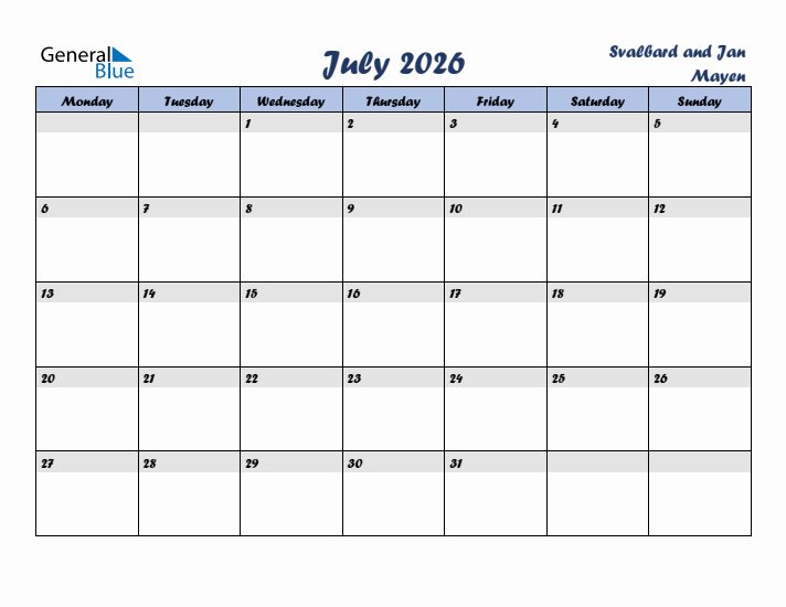 July 2026 Calendar with Holidays in Svalbard and Jan Mayen