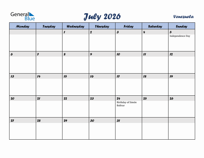 July 2026 Calendar with Holidays in Venezuela