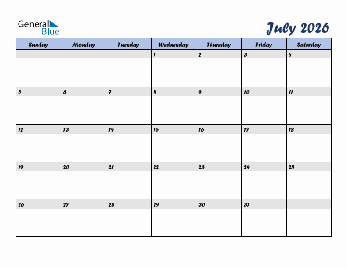 July 2026 Blue Calendar (Sunday Start)