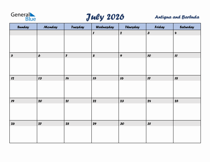 July 2026 Calendar with Holidays in Antigua and Barbuda