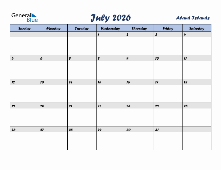 July 2026 Calendar with Holidays in Aland Islands