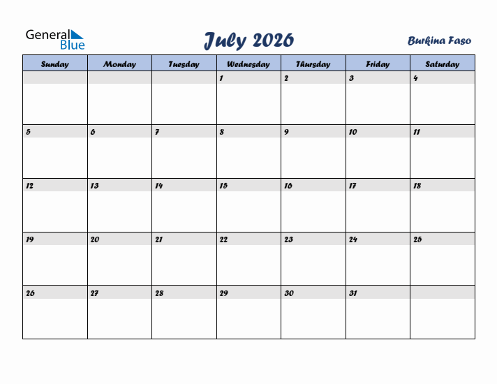 July 2026 Calendar with Holidays in Burkina Faso