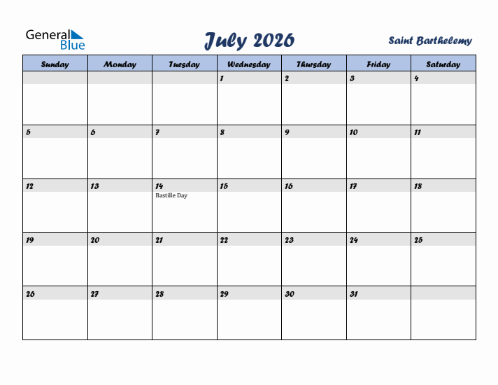 July 2026 Calendar with Holidays in Saint Barthelemy