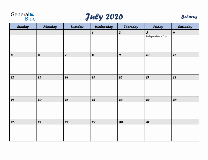 July 2026 Calendar with Holidays in Belarus