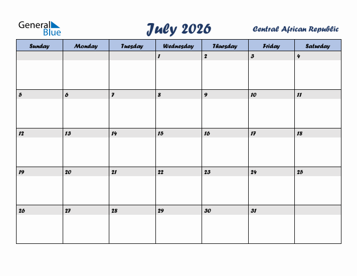 July 2026 Calendar with Holidays in Central African Republic