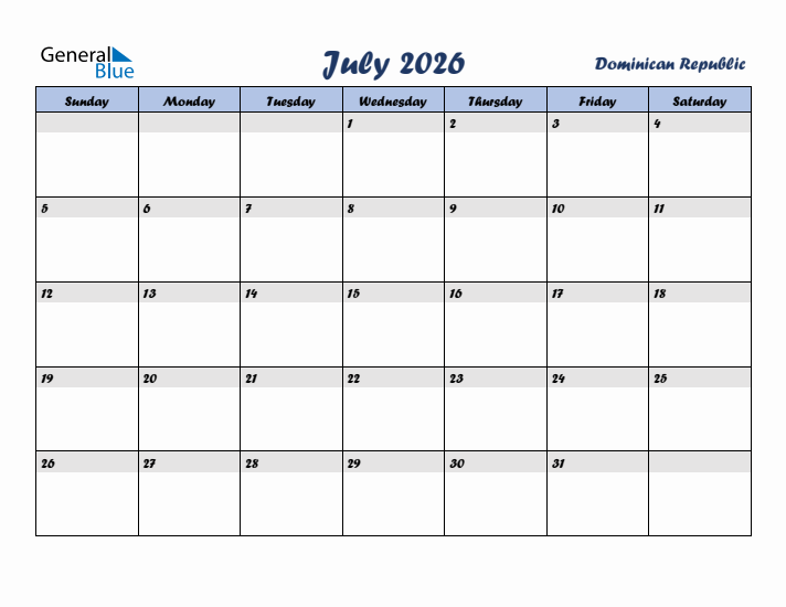 July 2026 Calendar with Holidays in Dominican Republic