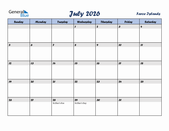 July 2026 Calendar with Holidays in Faroe Islands