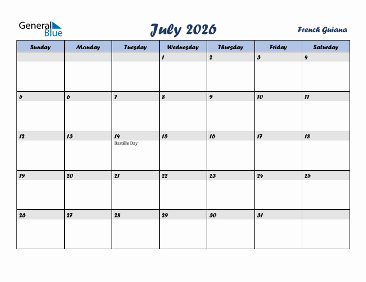 July 2026 Calendar with Holidays in French Guiana