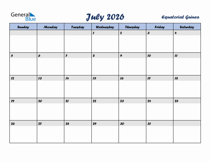 July 2026 Calendar with Holidays in Equatorial Guinea