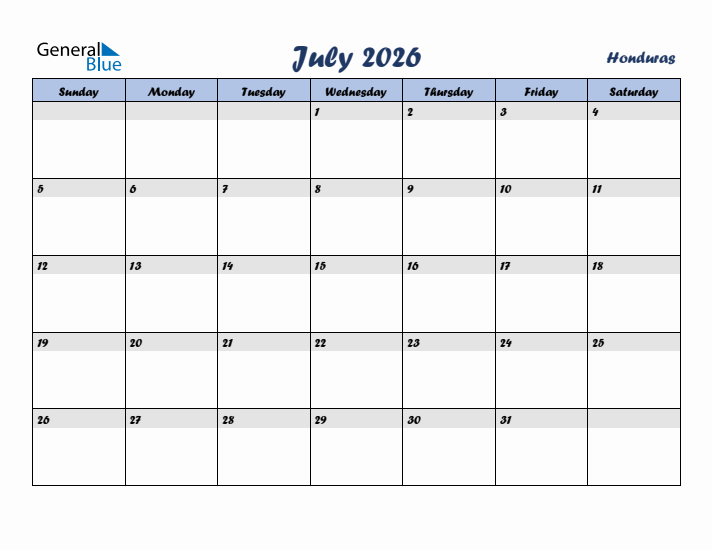 July 2026 Calendar with Holidays in Honduras