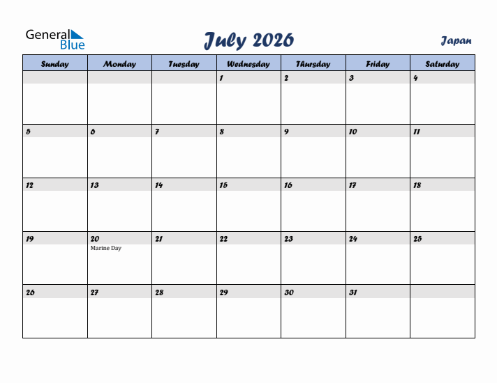 July 2026 Calendar with Holidays in Japan