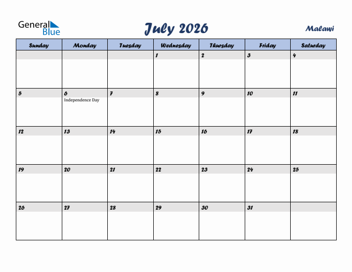 July 2026 Calendar with Holidays in Malawi