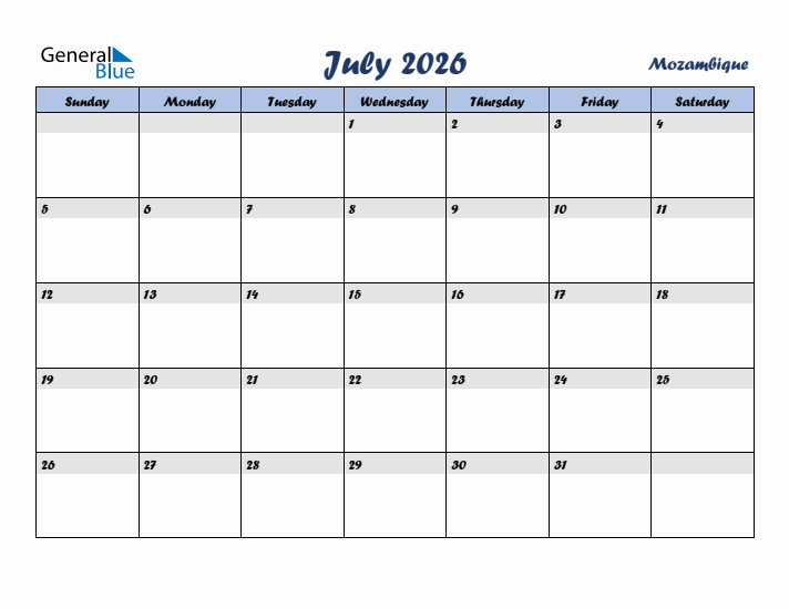 July 2026 Calendar with Holidays in Mozambique