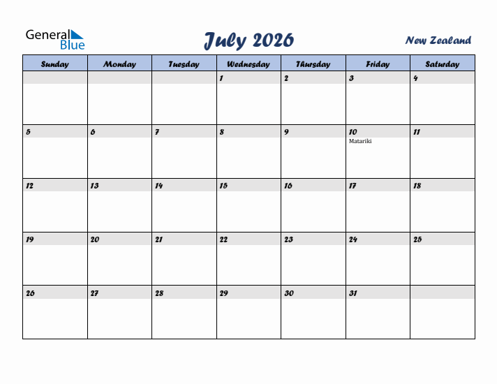 July 2026 Calendar with Holidays in New Zealand