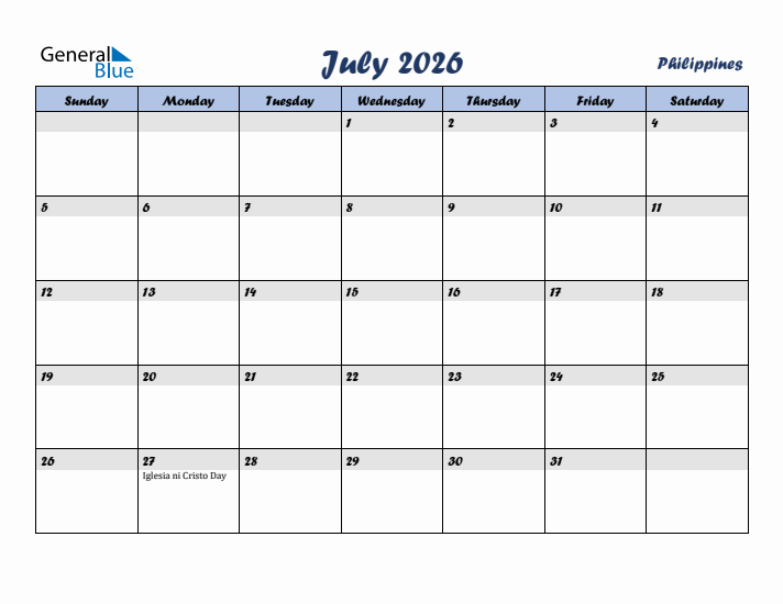 July 2026 Calendar with Holidays in Philippines