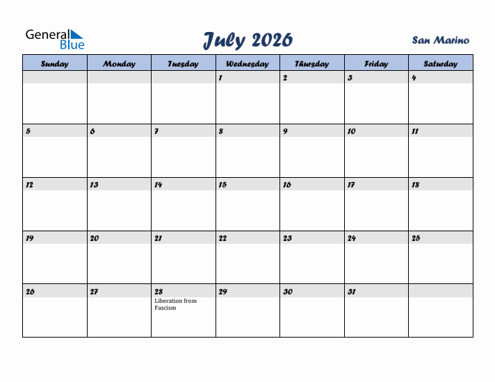 July 2026 Calendar with Holidays in San Marino