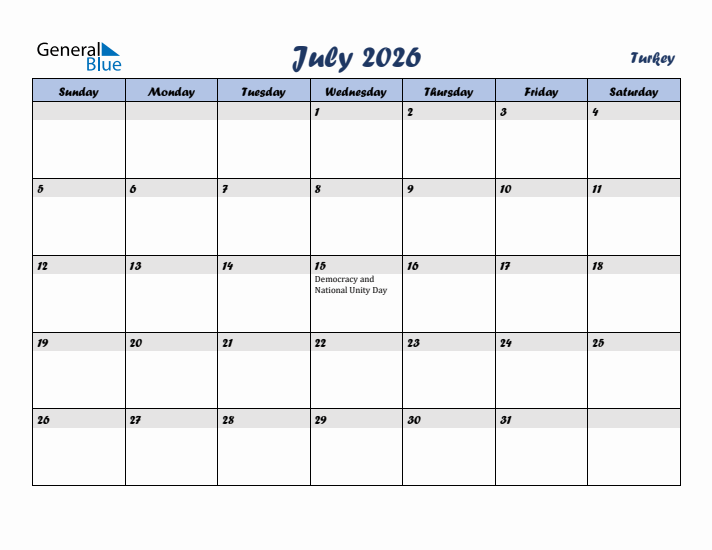 July 2026 Calendar with Holidays in Turkey